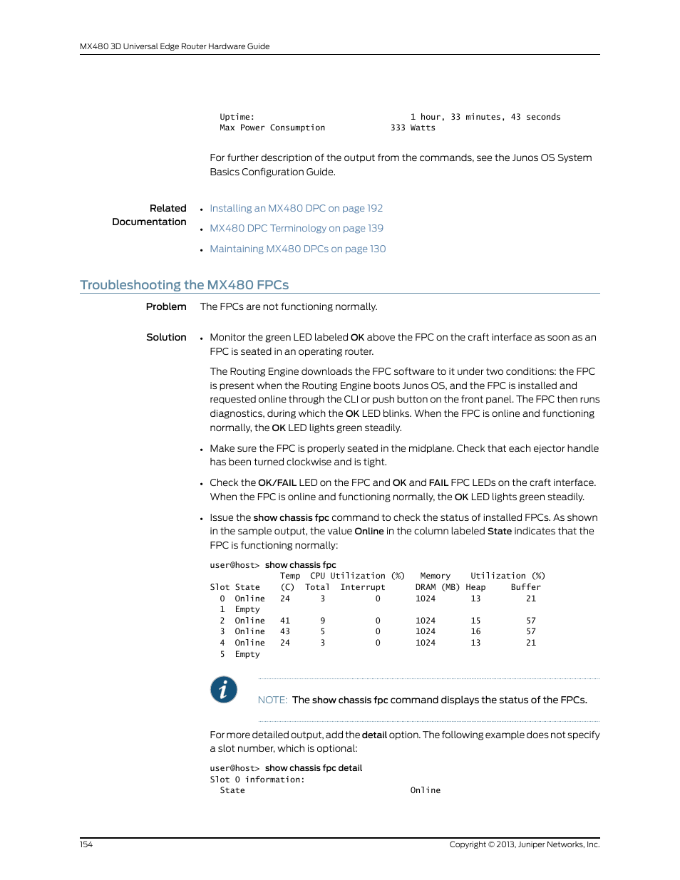 Troubleshooting the mx480 fpcs | Juniper Networks MX480 User Manual | Page 178 / 366