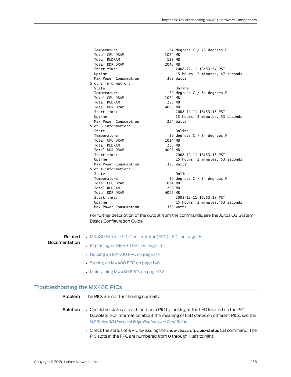 Troubleshooting the mx480 pics | Juniper Networks MX480 User Manual | Page 179 / 366