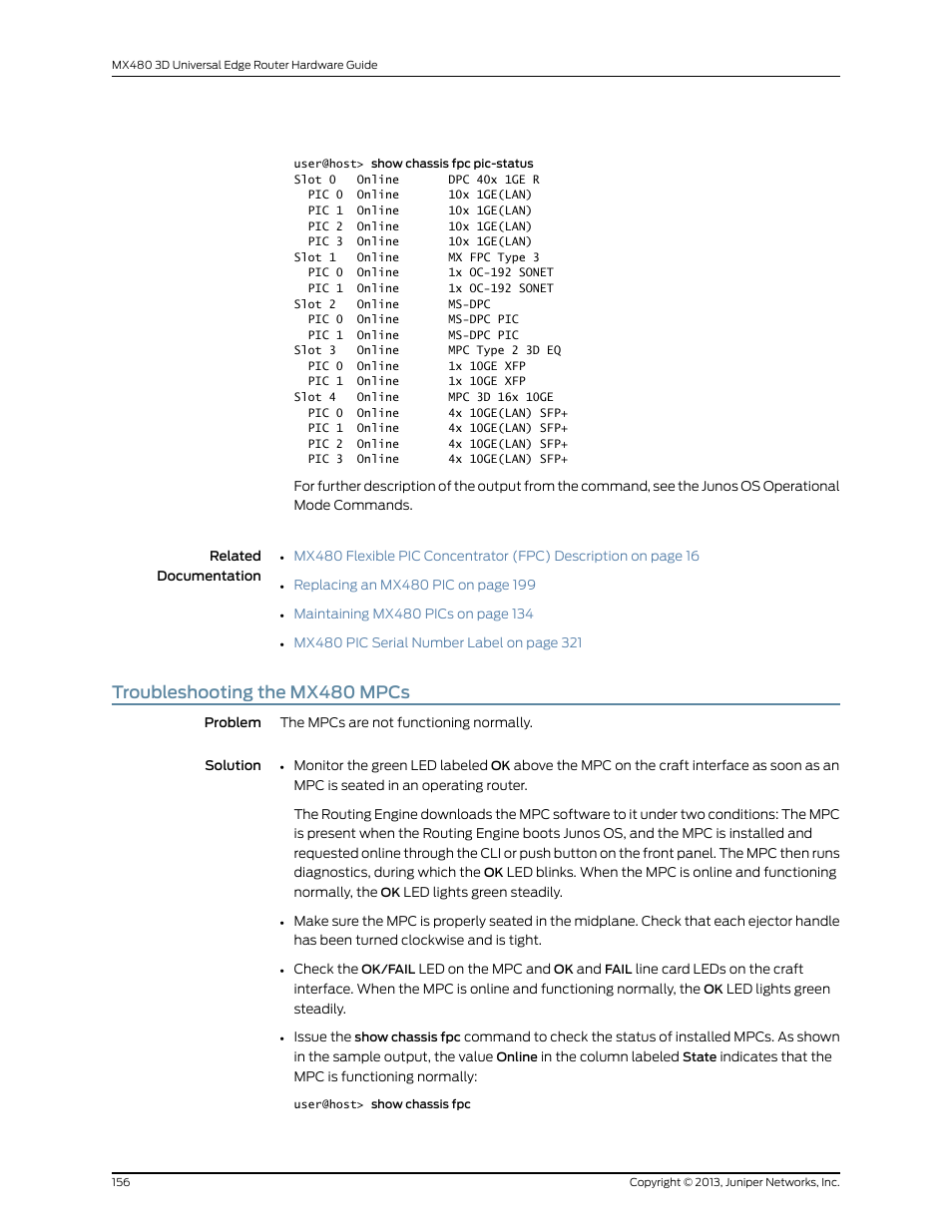 Troubleshooting the mx480 mpcs | Juniper Networks MX480 User Manual | Page 180 / 366