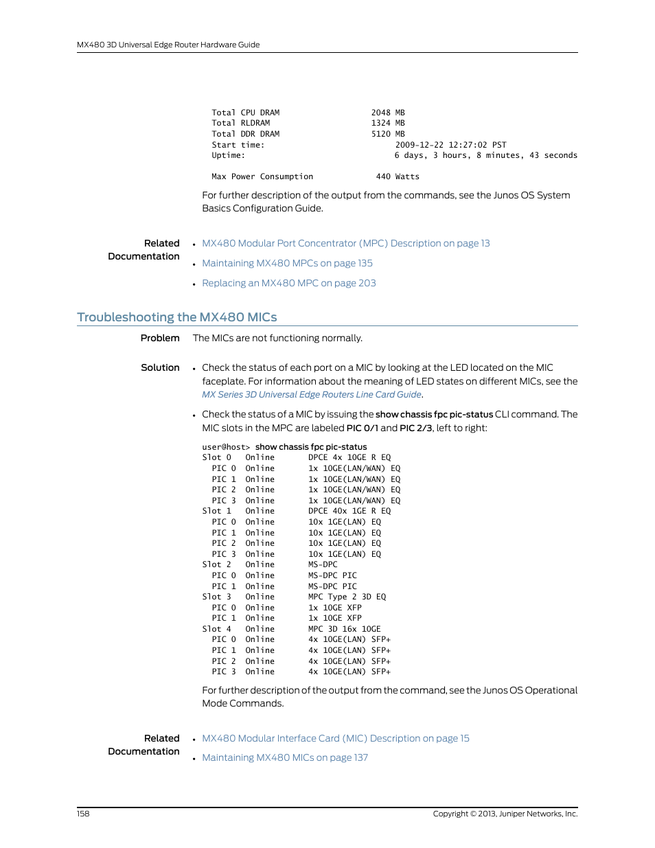 Troubleshooting the mx480 mics | Juniper Networks MX480 User Manual | Page 182 / 366