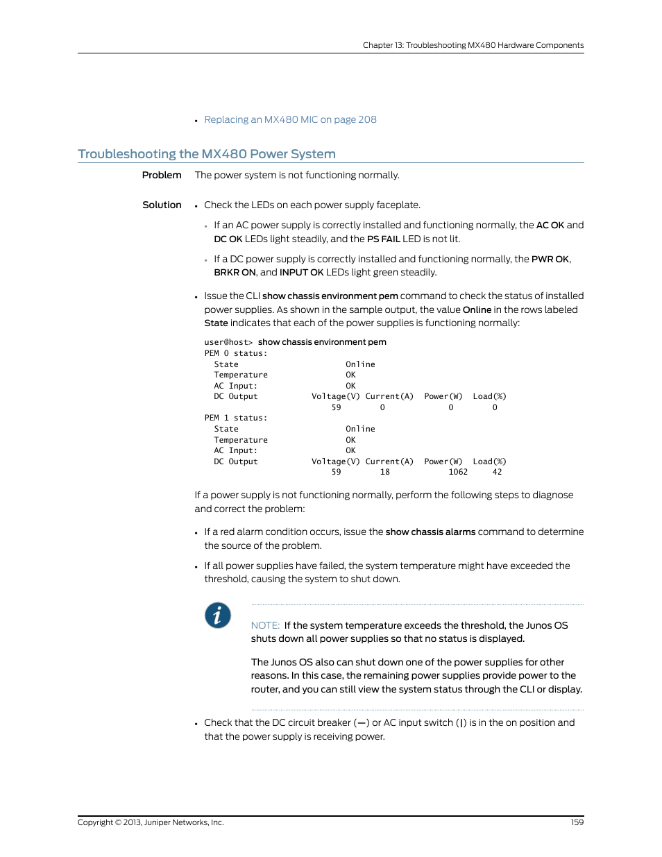 Troubleshooting the mx480 power system | Juniper Networks MX480 User Manual | Page 183 / 366