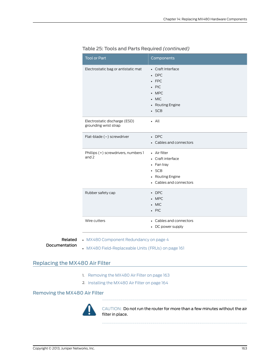 Replacing the mx480 air filter, Removing the mx480 air filter, Table 25: tools and parts required (continued) | Juniper Networks MX480 User Manual | Page 187 / 366
