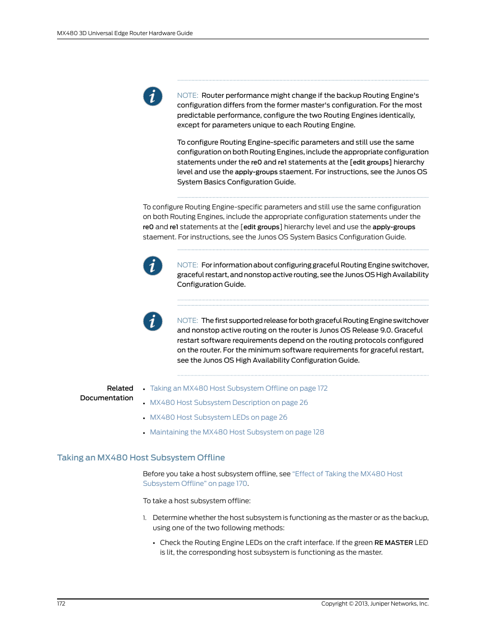 Taking an mx480 host subsystem offline | Juniper Networks MX480 User Manual | Page 196 / 366