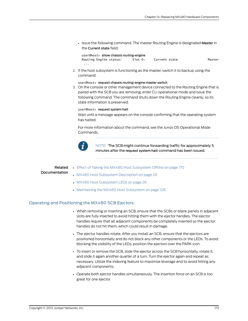 Operating and positioning the mx480 scb ejectors | Juniper Networks MX480 User Manual | Page 197 / 366