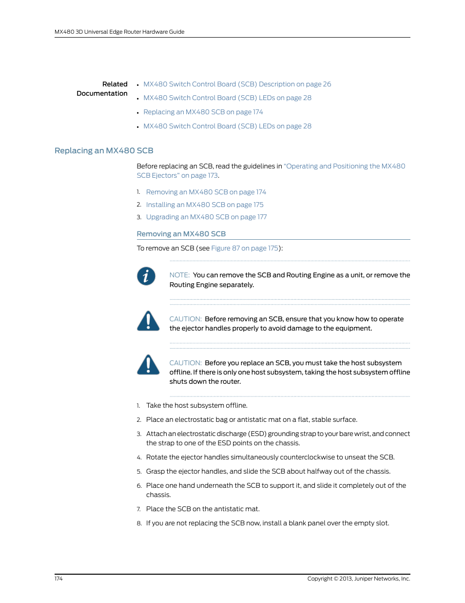 Replacing an mx480 scb, Removing an mx480 scb | Juniper Networks MX480 User Manual | Page 198 / 366