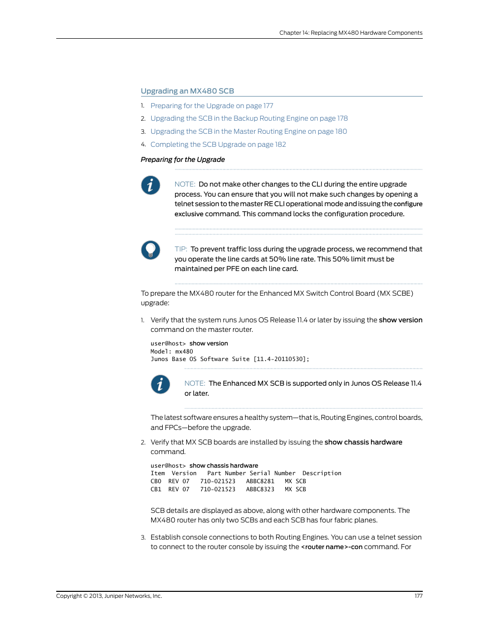 Upgrading an mx480 scb, Preparing for the upgrade | Juniper Networks MX480 User Manual | Page 201 / 366