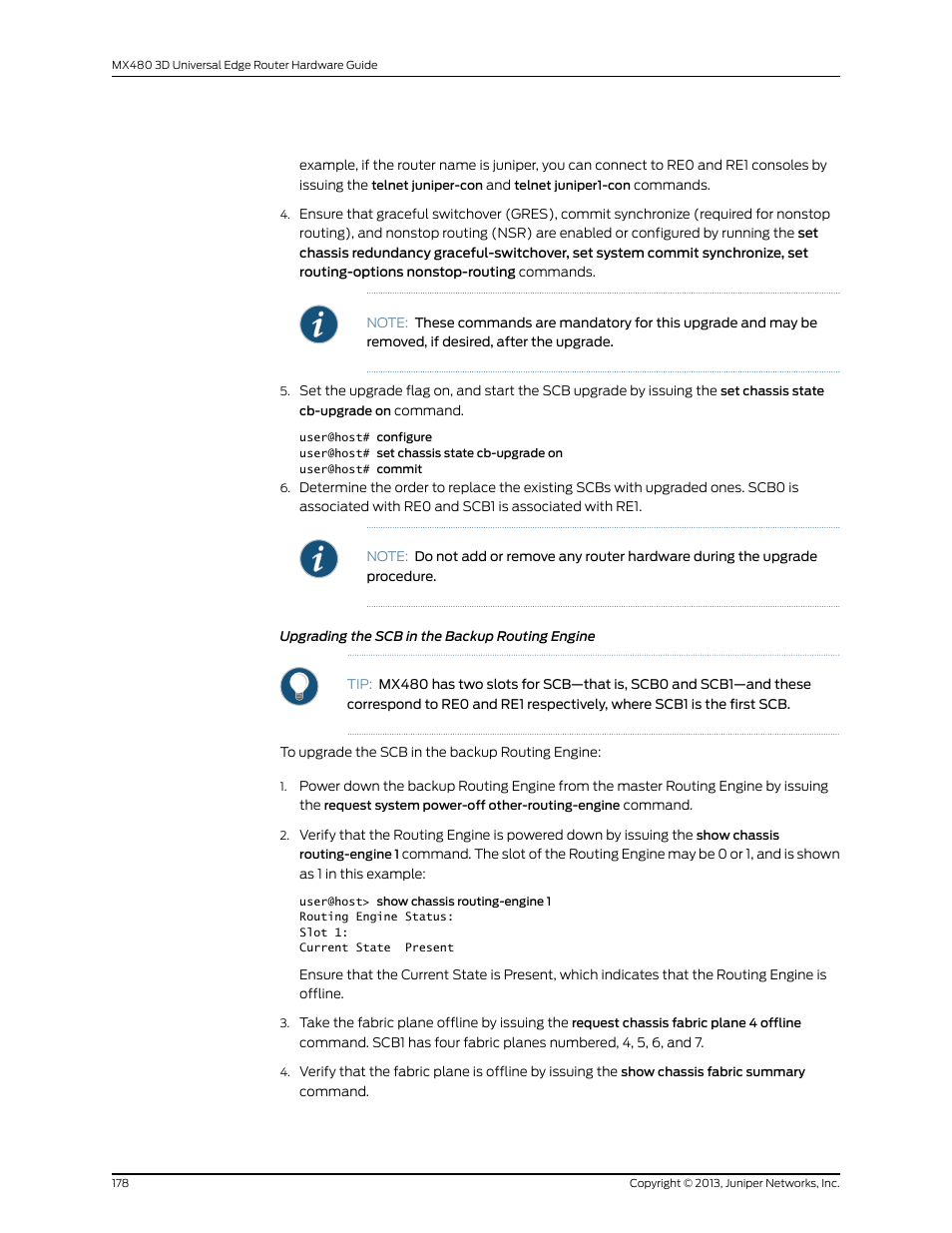 Upgrading the scb in the backup routing engine | Juniper Networks MX480 User Manual | Page 202 / 366