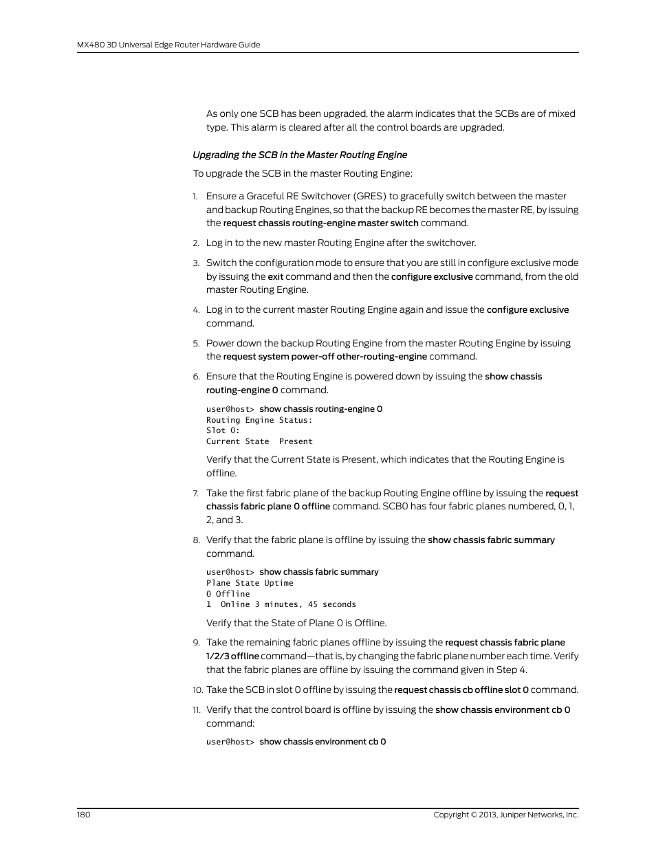 Upgrading the scb in the master routing engine | Juniper Networks MX480 User Manual | Page 204 / 366