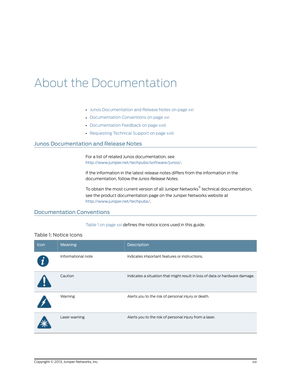 About the documentation, Junos documentation and release notes, Documentation conventions | Xxi documentation conventions, Table 1: notice icons | Juniper Networks MX480 User Manual | Page 21 / 366