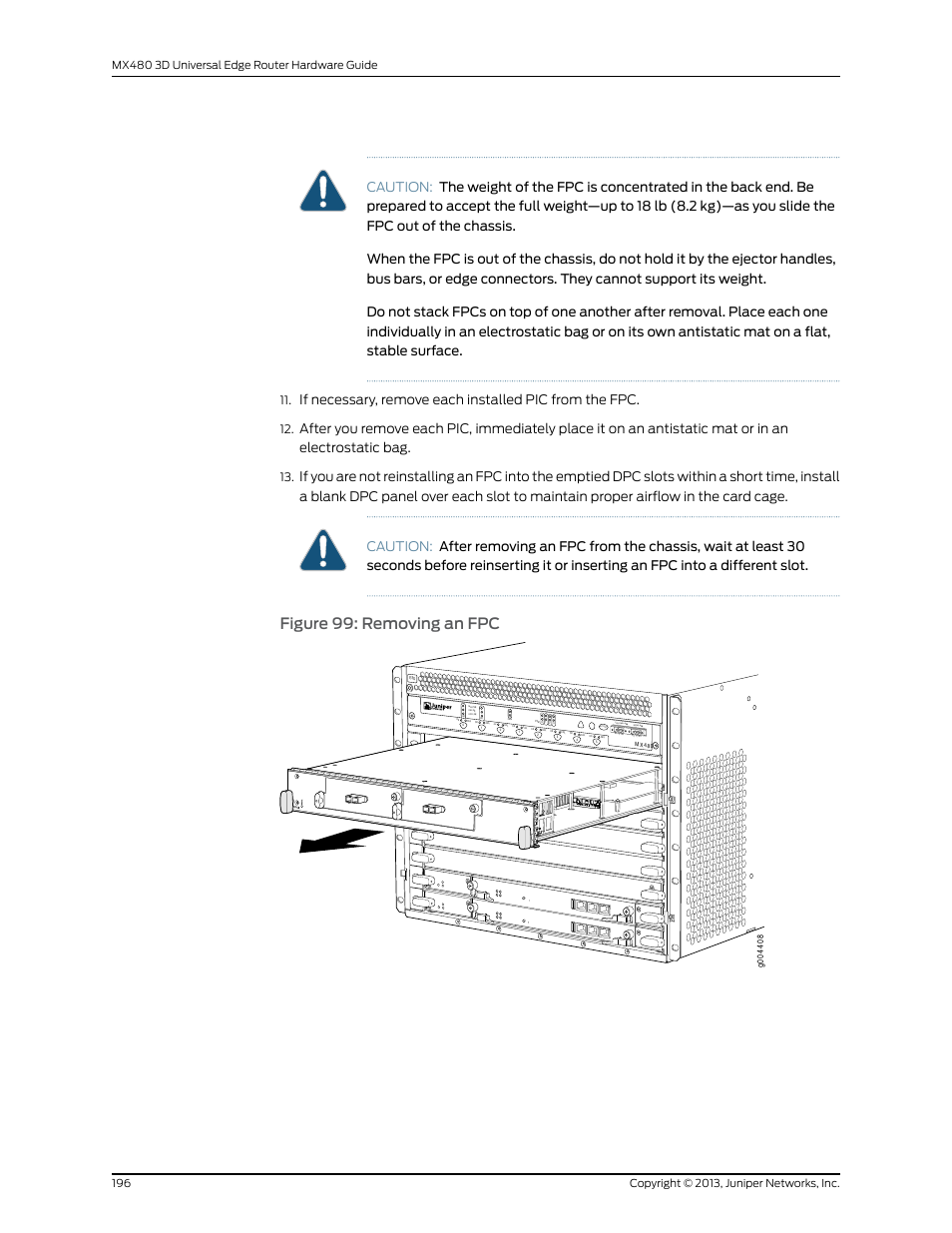 Figure 99: removing an fpc | Juniper Networks MX480 User Manual | Page 220 / 366