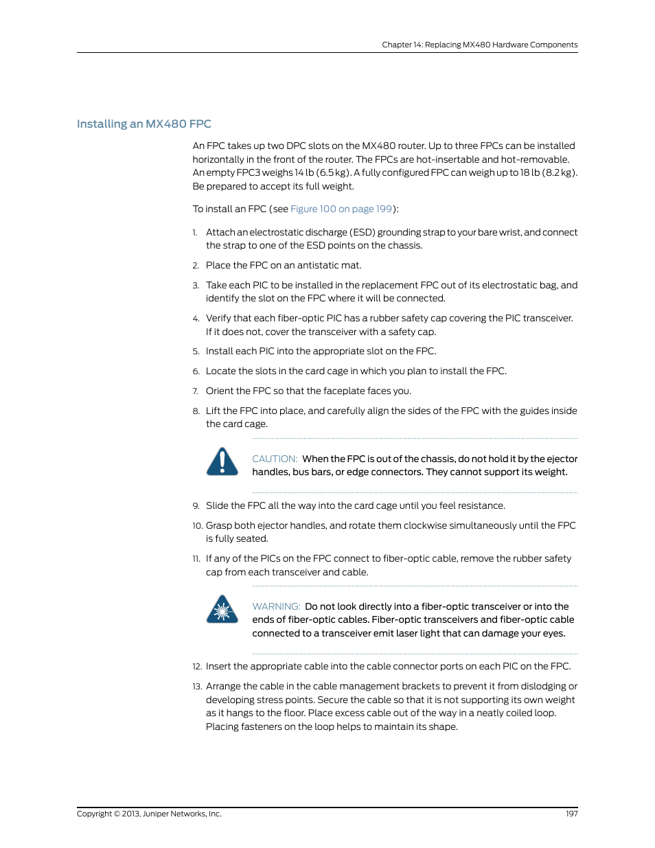 Installing an mx480 fpc | Juniper Networks MX480 User Manual | Page 221 / 366