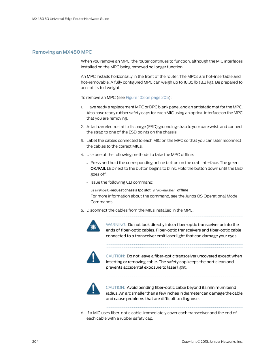 Removing an mx480 mpc | Juniper Networks MX480 User Manual | Page 228 / 366