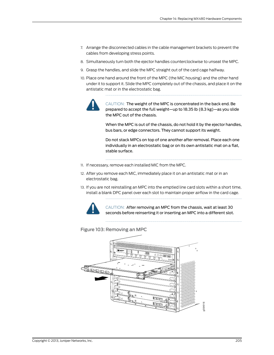 Figure 103: removing an mpc, Ok master, Online offline | Aco/lt yellow alarm red alarm nc no c nc no c, Reo re1 | Juniper Networks MX480 User Manual | Page 229 / 366