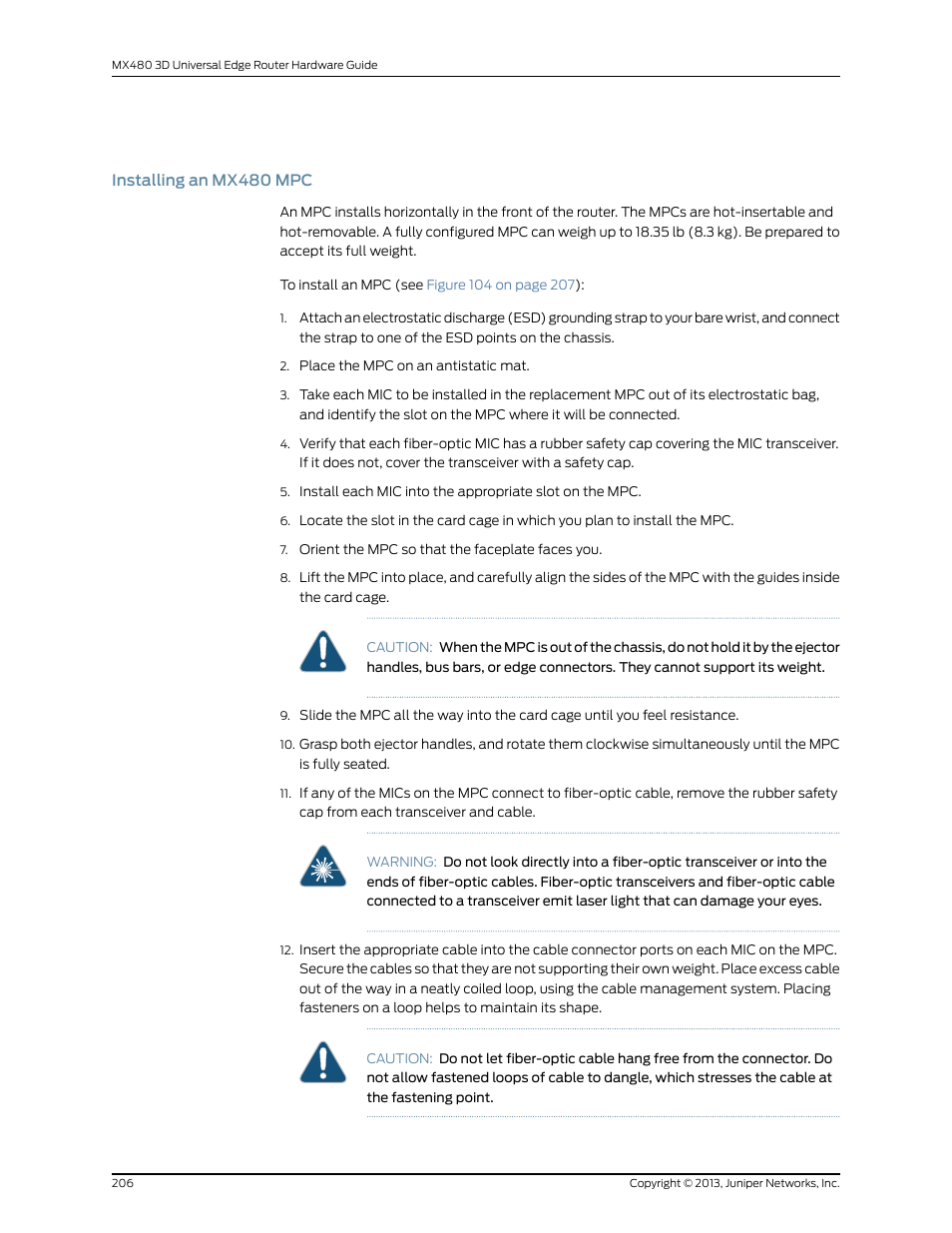 Installing an mx480 mpc | Juniper Networks MX480 User Manual | Page 230 / 366