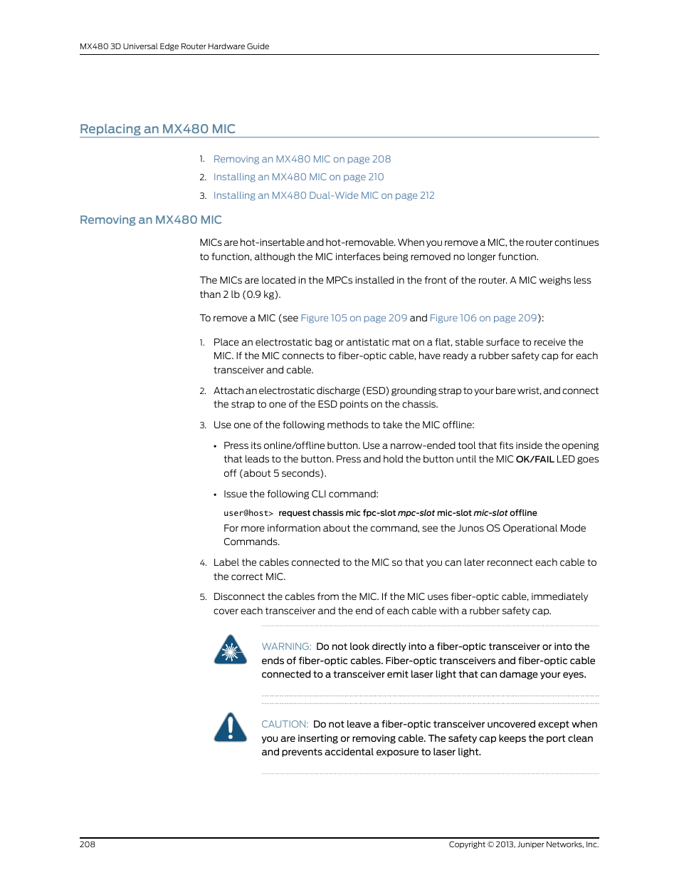 Replacing an mx480 mic, Removing an mx480 mic | Juniper Networks MX480 User Manual | Page 232 / 366