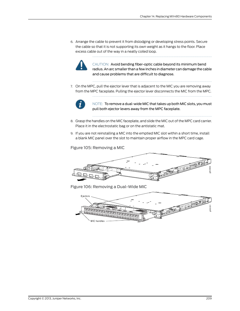 Figure 105: removing a mic, 209 figure 106: removing a dual-wide mic | Juniper Networks MX480 User Manual | Page 233 / 366