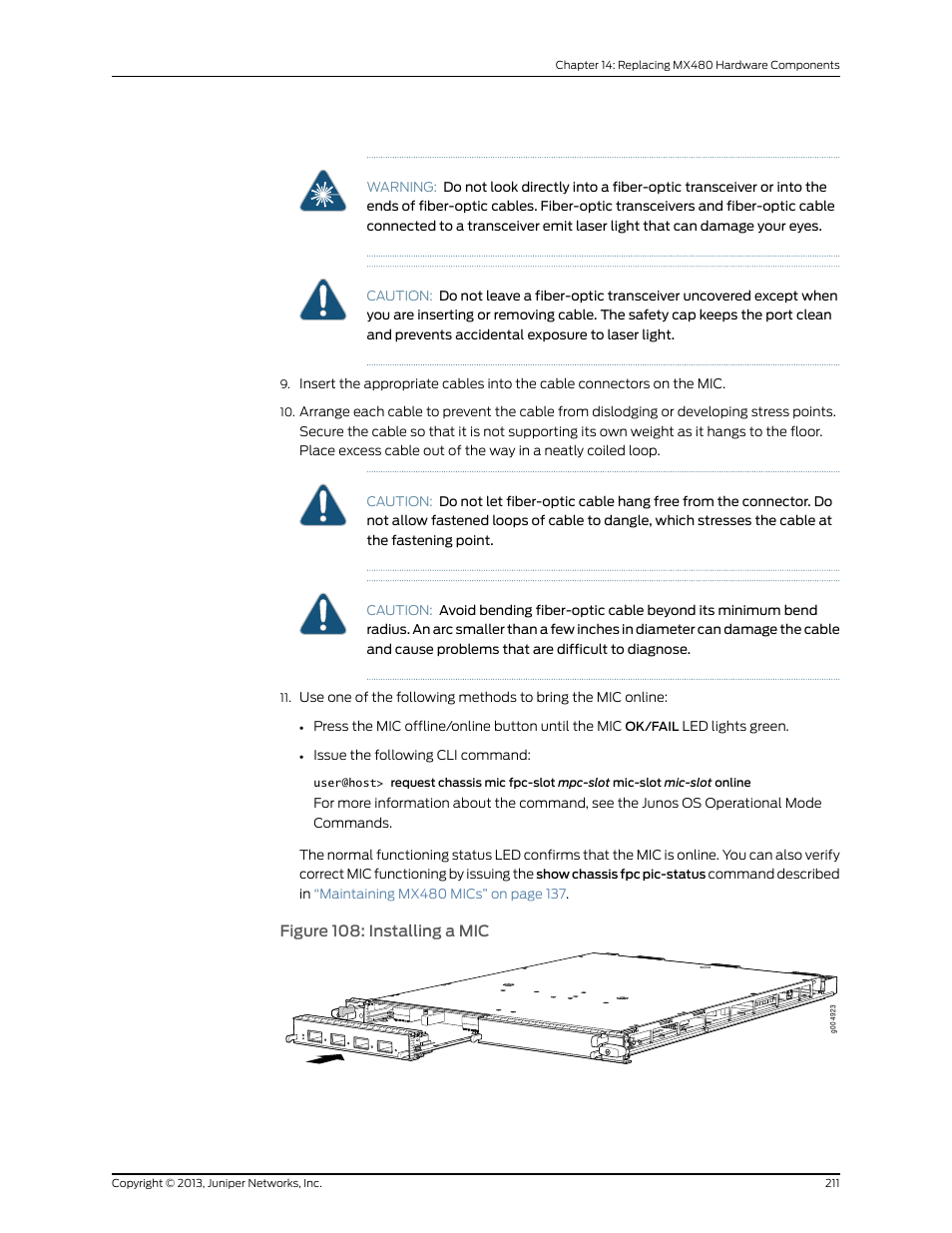 Figure 108: installing a mic | Juniper Networks MX480 User Manual | Page 235 / 366