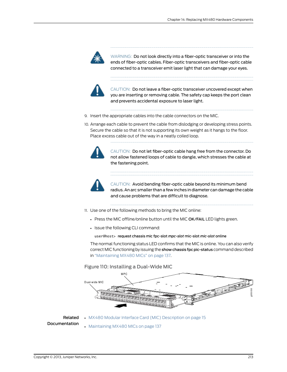 Figure 110: installing a dual-wide mic | Juniper Networks MX480 User Manual | Page 237 / 366