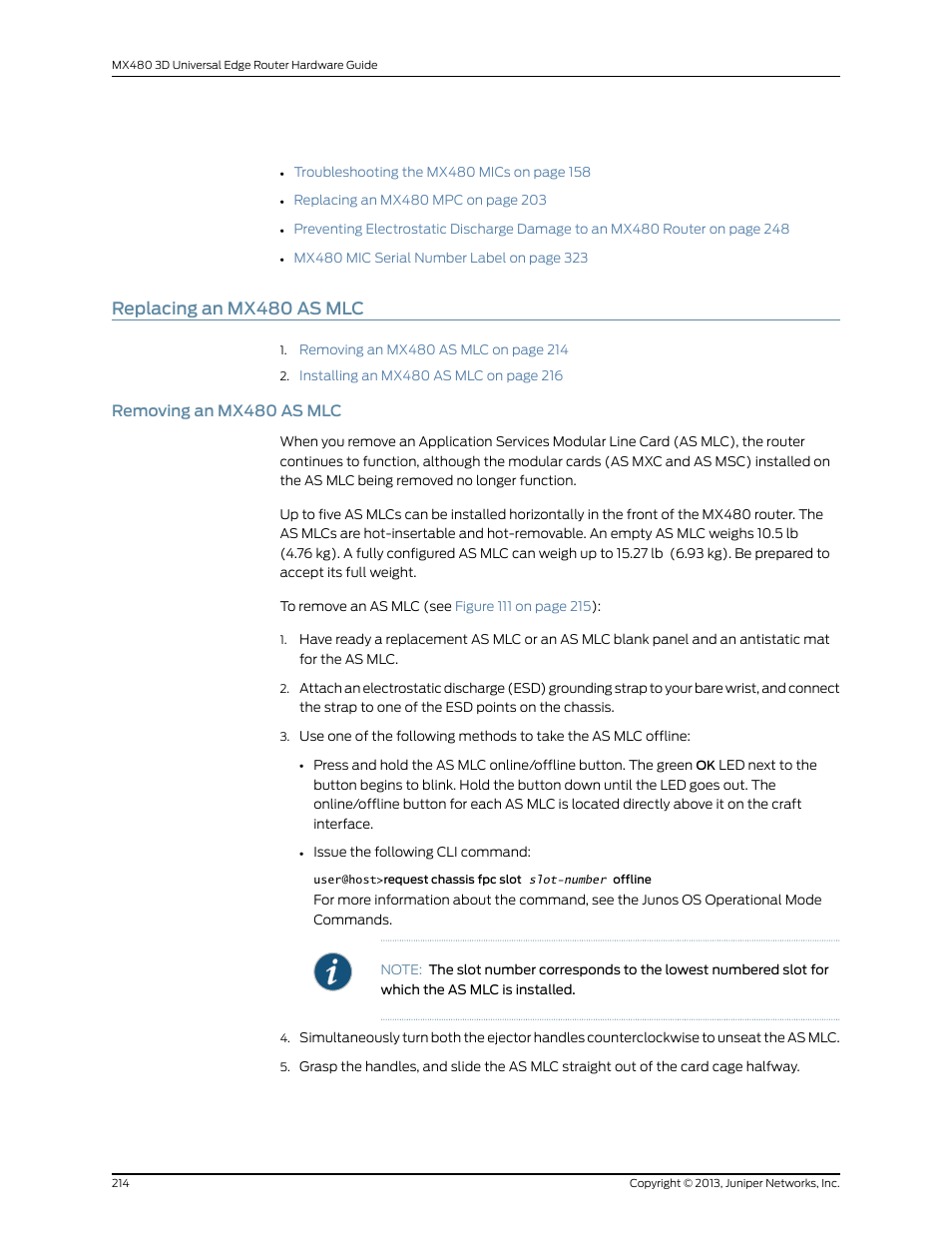 Replacing an mx480 as mlc, Removing an mx480 as mlc | Juniper Networks MX480 User Manual | Page 238 / 366