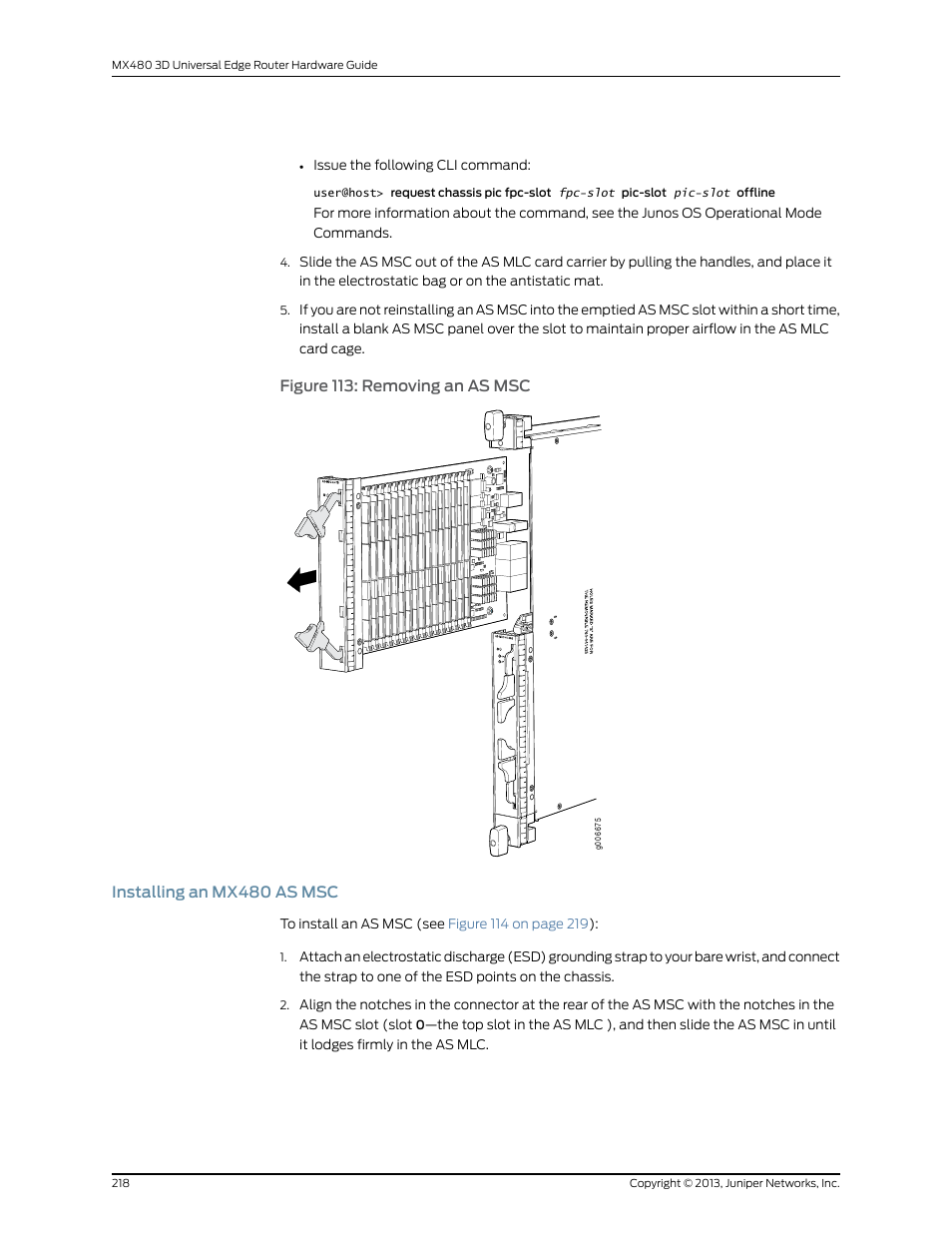 Installing an mx480 as msc, Figure 113: removing an as msc | Juniper Networks MX480 User Manual | Page 242 / 366