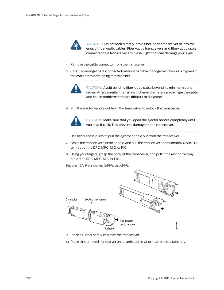 Figure 117: removing sfps or xfps | Juniper Networks MX480 User Manual | Page 250 / 366