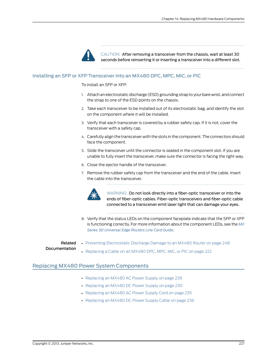 Replacing mx480 power system components | Juniper Networks MX480 User Manual | Page 251 / 366