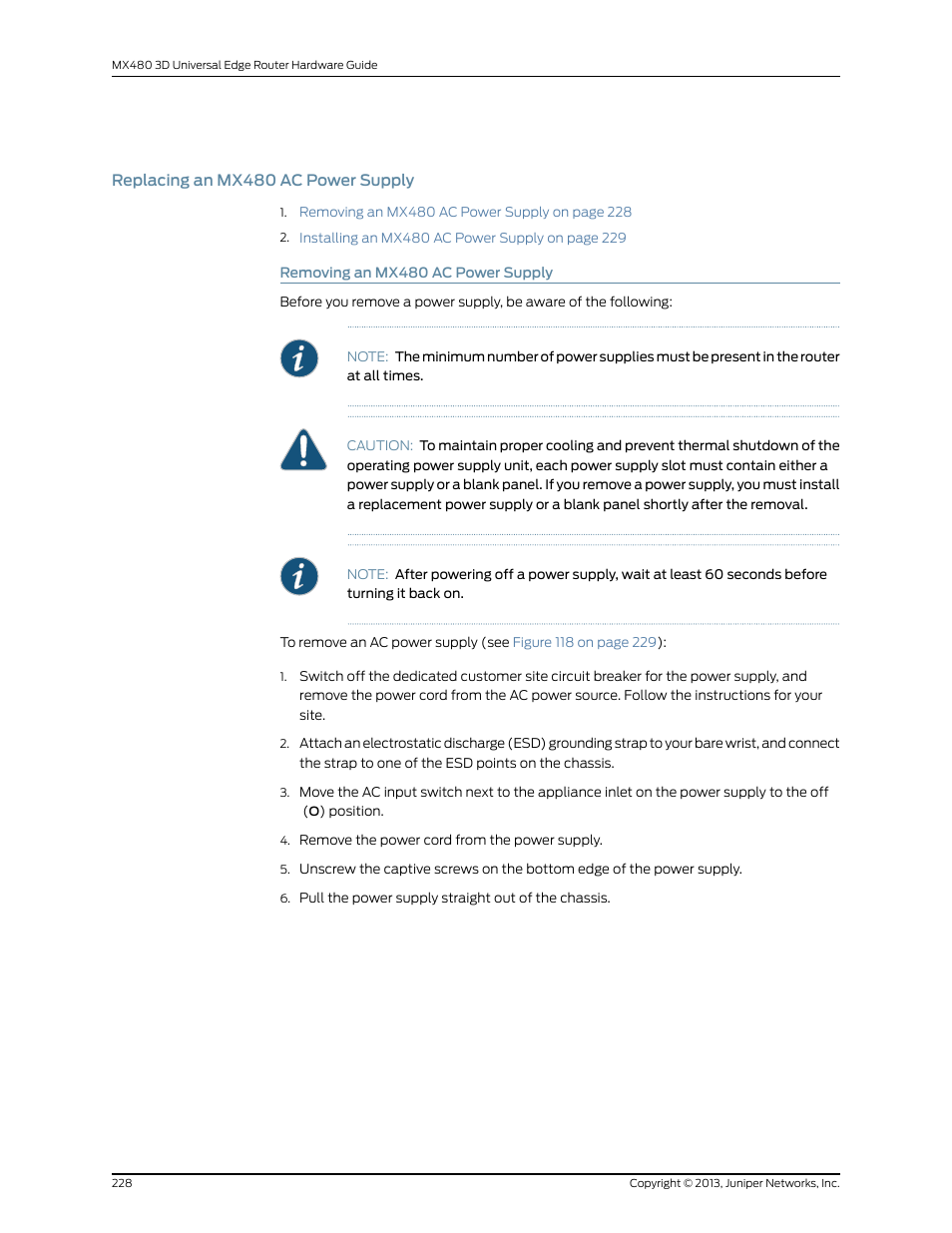 Replacing an mx480 ac power supply, Removing an mx480 ac power supply | Juniper Networks MX480 User Manual | Page 252 / 366