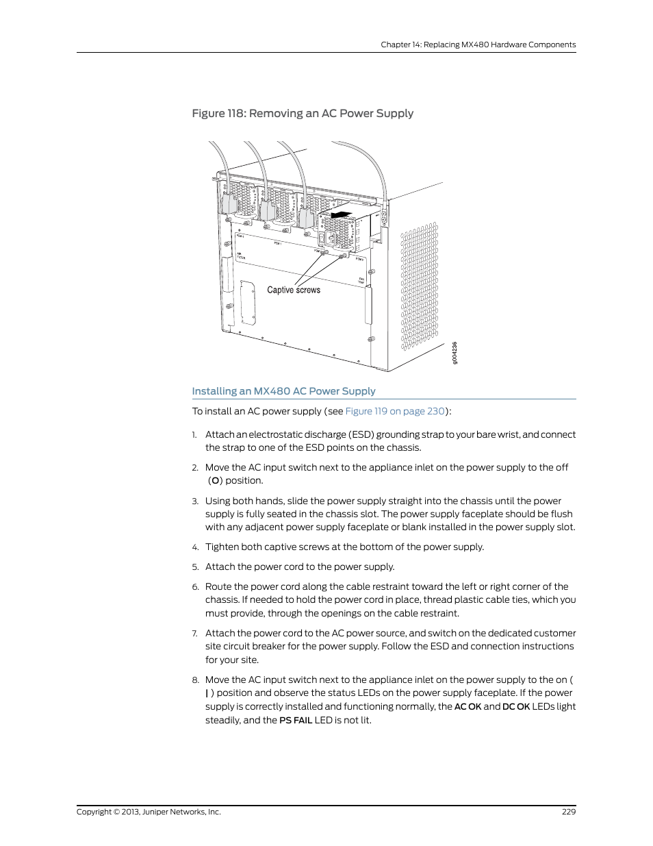 Installing an mx480 ac power supply, Figure 118: removing an ac power supply | Juniper Networks MX480 User Manual | Page 253 / 366