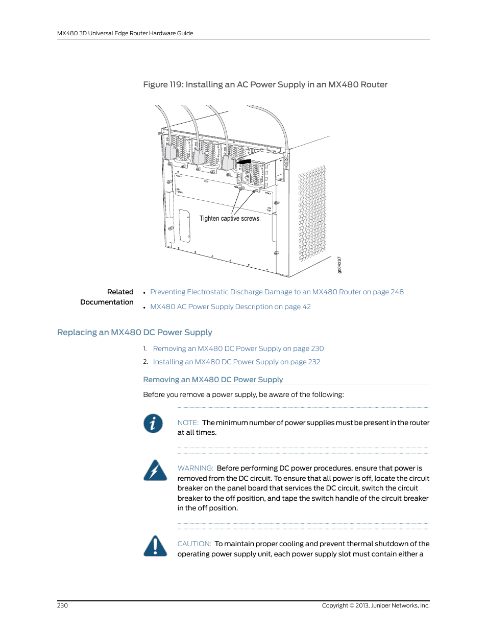 Replacing an mx480 dc power supply, Removing an mx480 dc power supply, Replacing an mx480 dc | Juniper Networks MX480 User Manual | Page 254 / 366