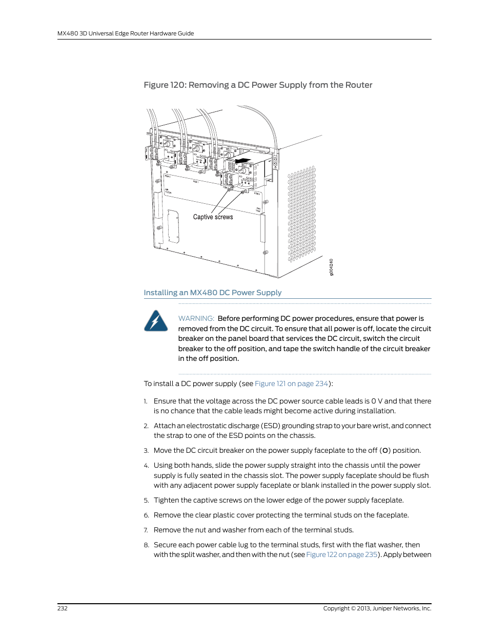 Installing an mx480 dc power supply | Juniper Networks MX480 User Manual | Page 256 / 366