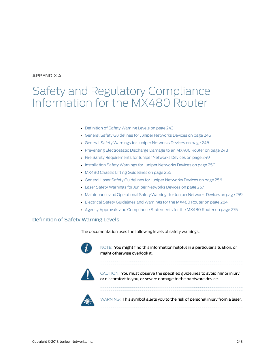 Definition of safety warning levels, Appendix a | Juniper Networks MX480 User Manual | Page 267 / 366