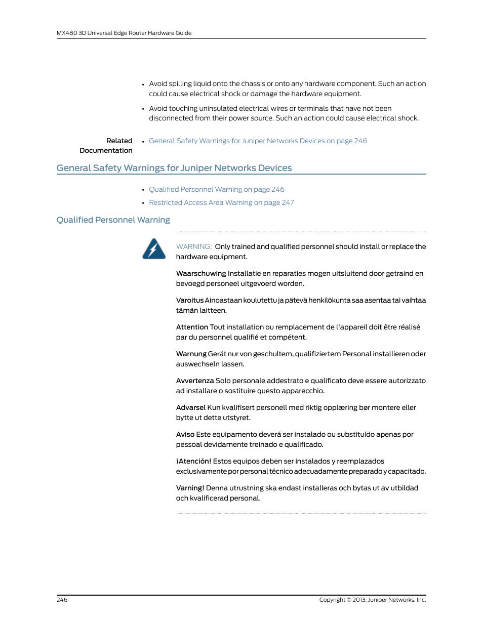 Qualified personnel warning | Juniper Networks MX480 User Manual | Page 270 / 366