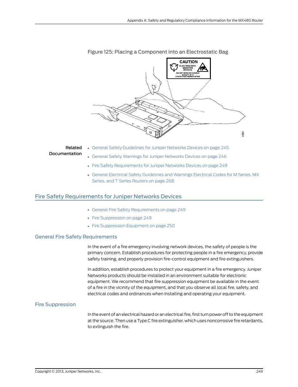 General fire safety requirements, Fire suppression, 249 fire suppression | Figure 125 on | Juniper Networks MX480 User Manual | Page 273 / 366