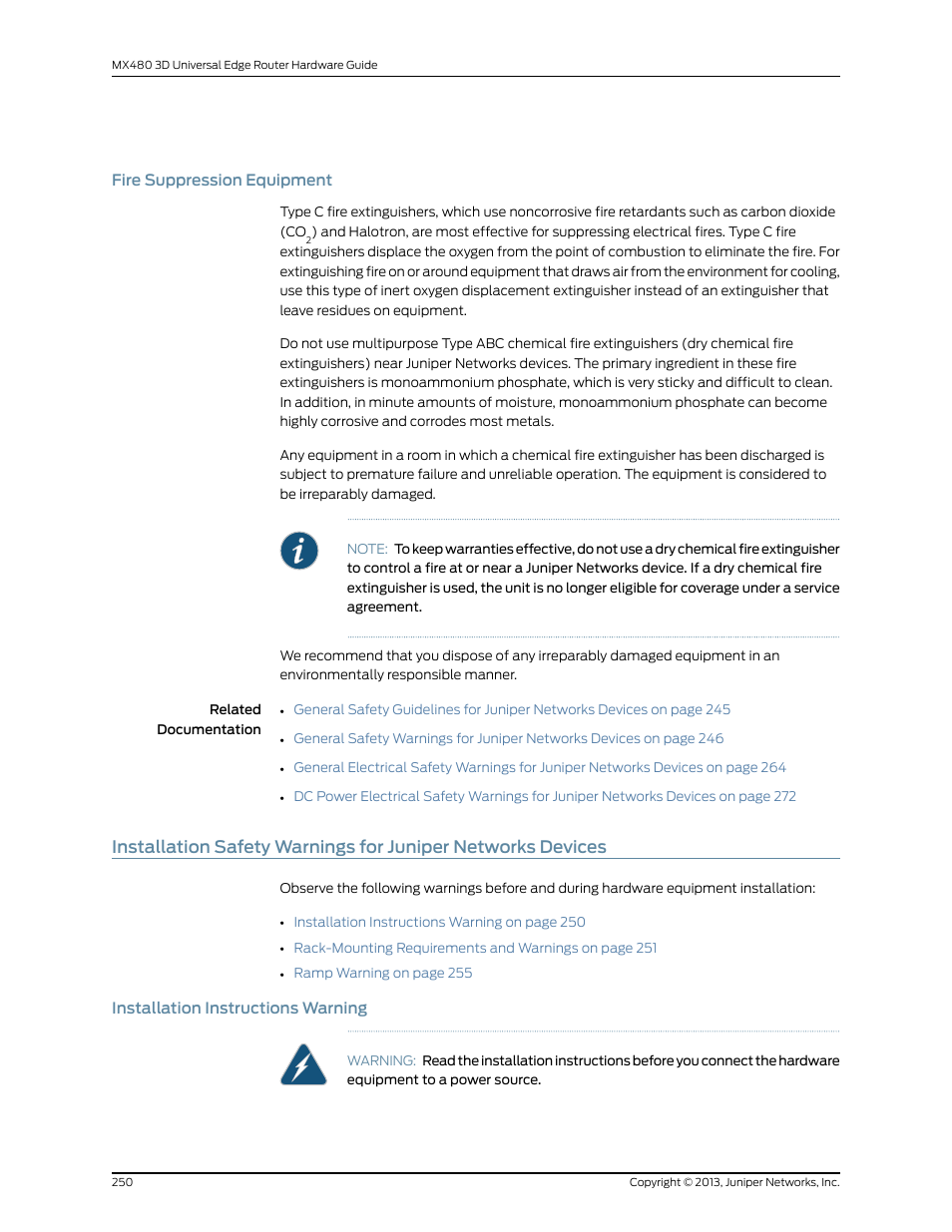 Fire suppression equipment, Installation instructions warning | Juniper Networks MX480 User Manual | Page 274 / 366