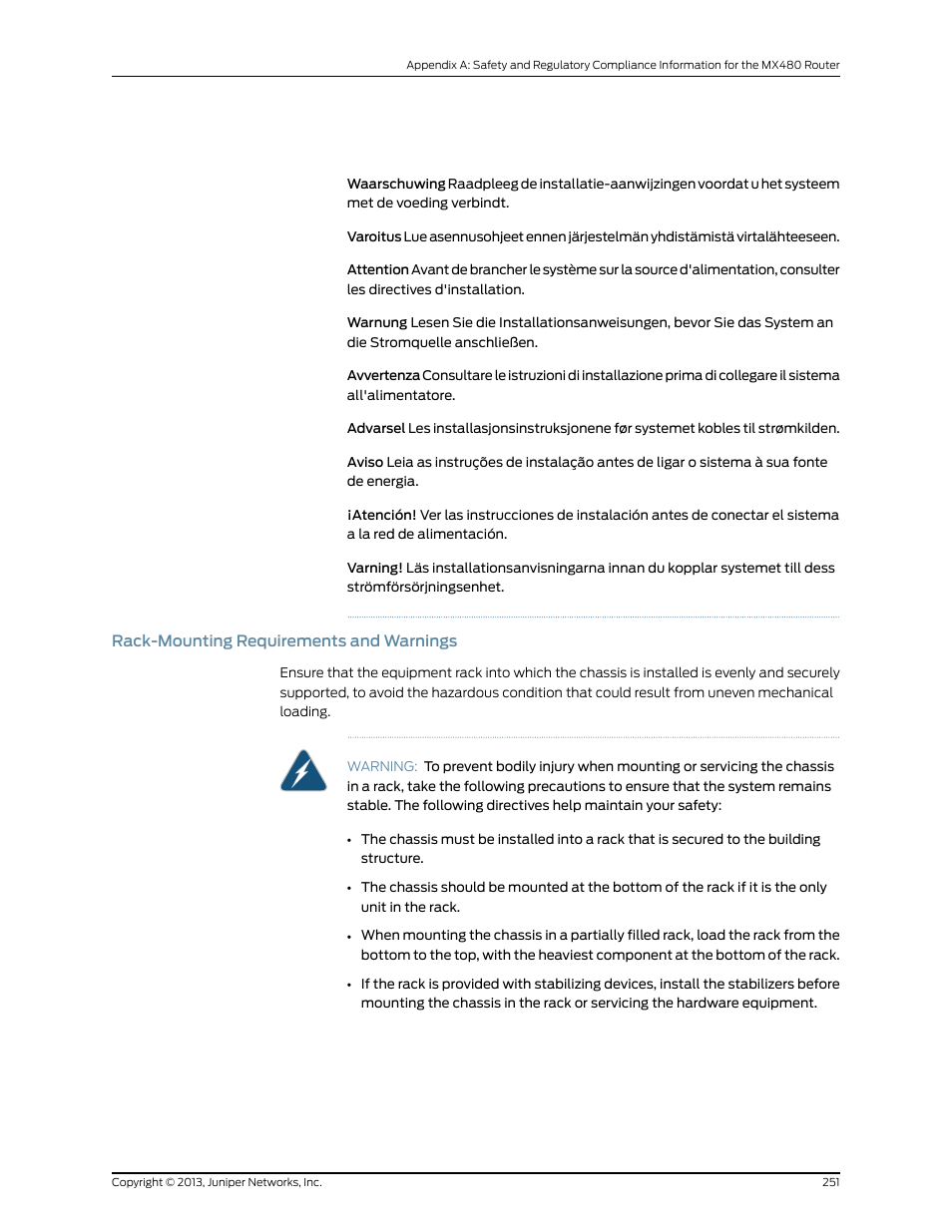 Rack-mounting requirements and warnings | Juniper Networks MX480 User Manual | Page 275 / 366