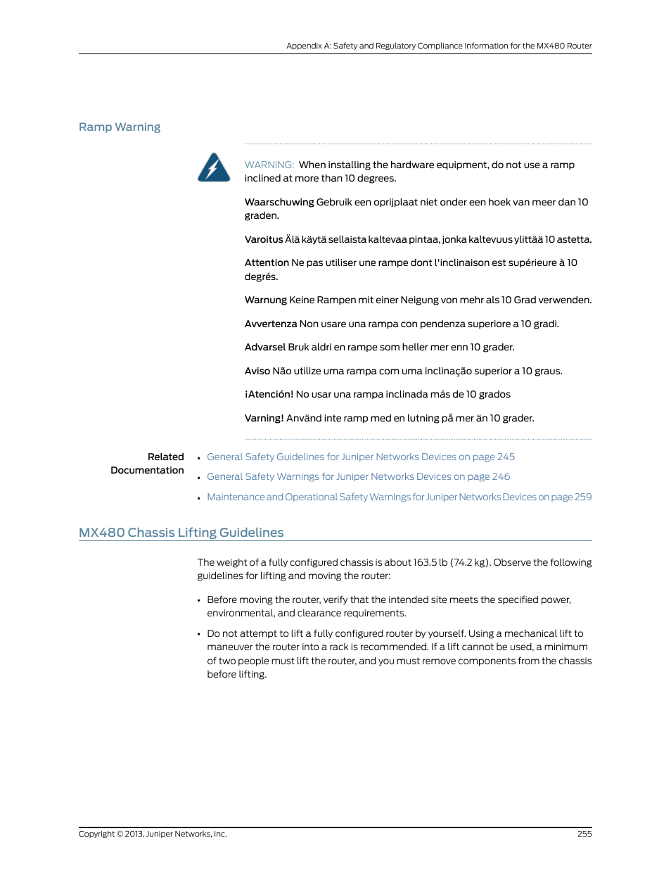 Ramp warning, Mx480 chassis lifting guidelines | Juniper Networks MX480 User Manual | Page 279 / 366