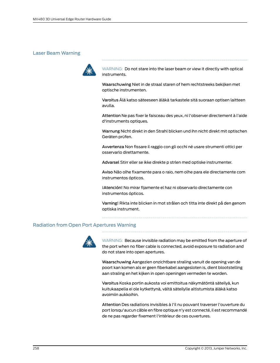 Laser beam warning, Radiation from open port apertures warning, 258 radiation from open port apertures warning | Juniper Networks MX480 User Manual | Page 282 / 366