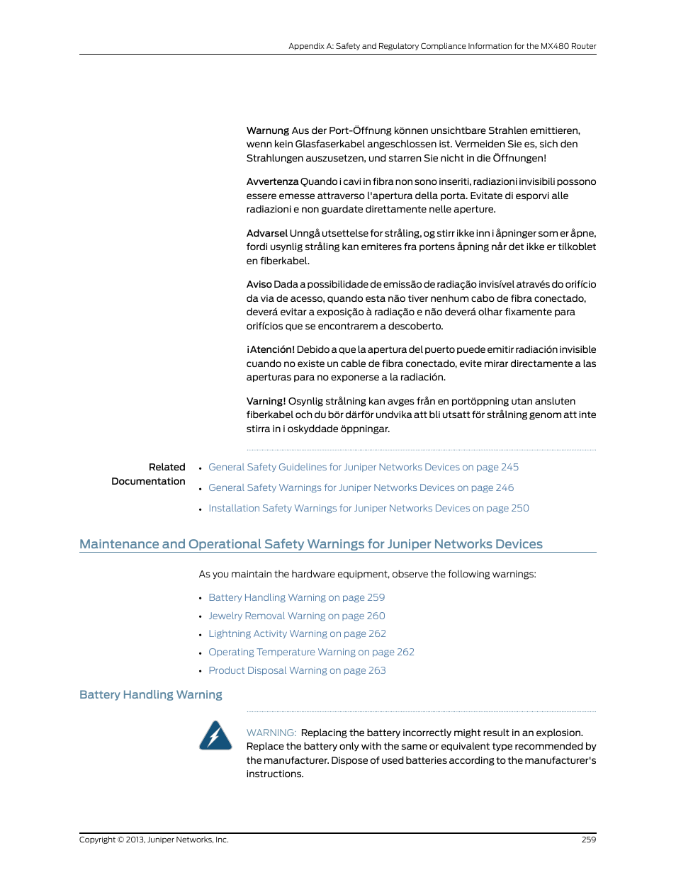 Battery handling warning | Juniper Networks MX480 User Manual | Page 283 / 366