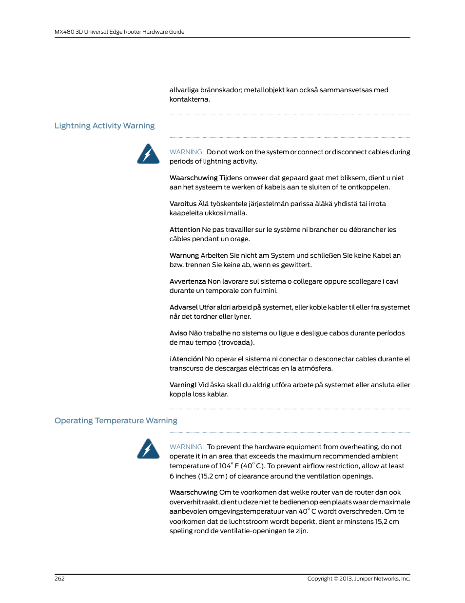 Lightning activity warning, Operating temperature warning, 262 operating temperature warning | Juniper Networks MX480 User Manual | Page 286 / 366