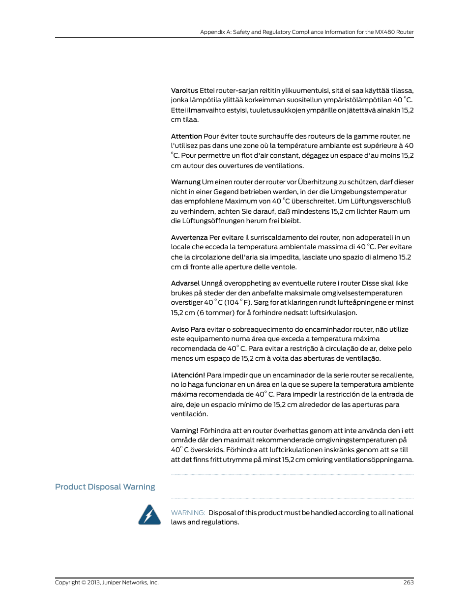 Product disposal warning | Juniper Networks MX480 User Manual | Page 287 / 366