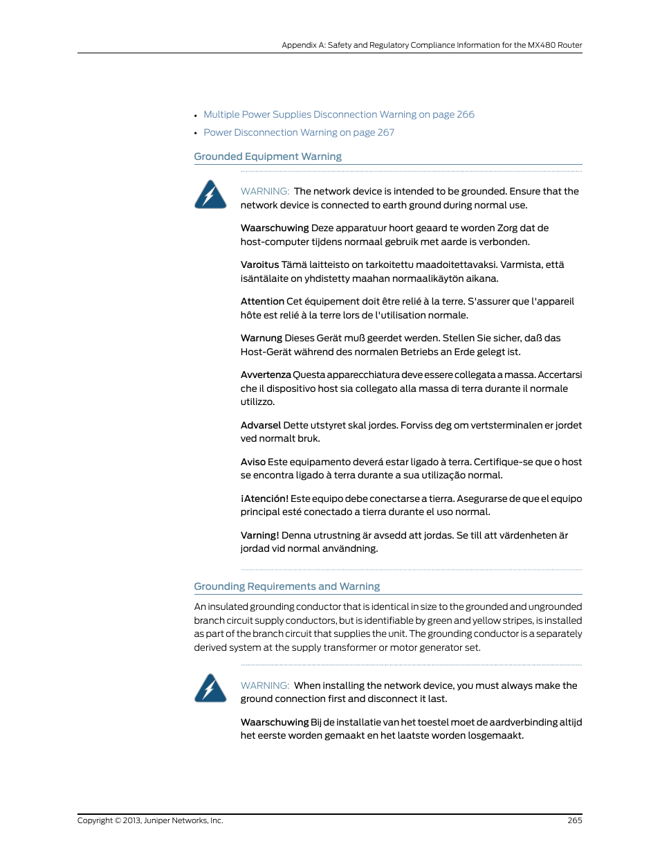 Grounded equipment warning, Grounding requirements and warning, 265 grounding requirements and warning | Juniper Networks MX480 User Manual | Page 289 / 366