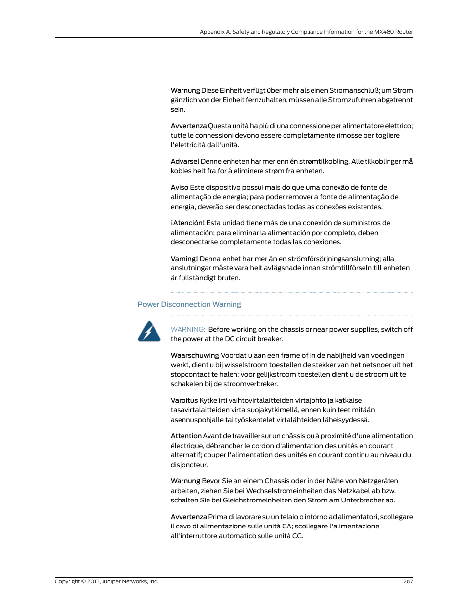 Power disconnection warning | Juniper Networks MX480 User Manual | Page 291 / 366