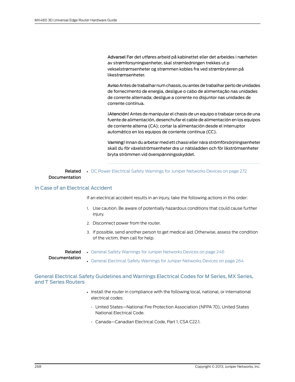 In case of an electrical accident, Series, mx series, and t series routers | Juniper Networks MX480 User Manual | Page 292 / 366
