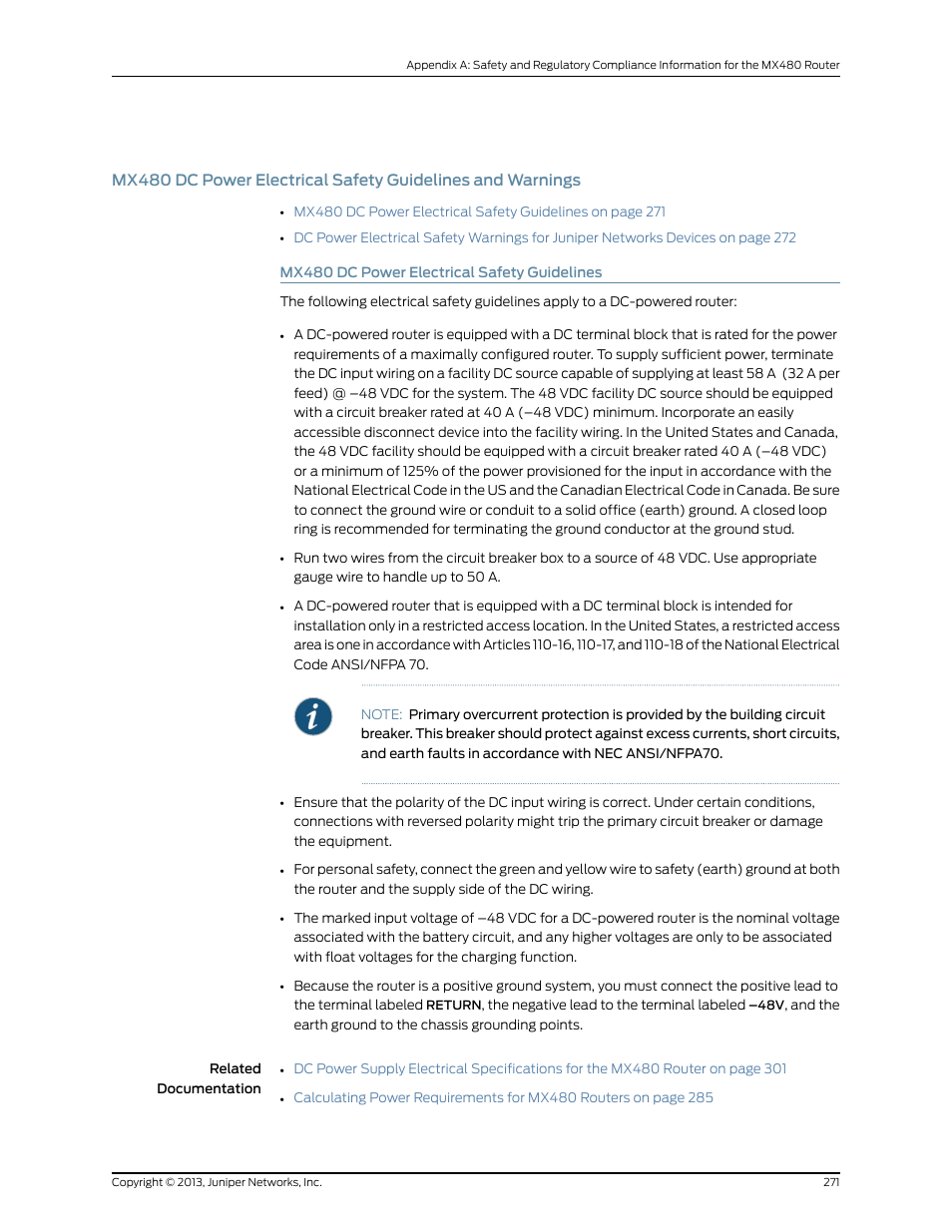 Mx480 dc power electrical safety guidelines | Juniper Networks MX480 User Manual | Page 295 / 366