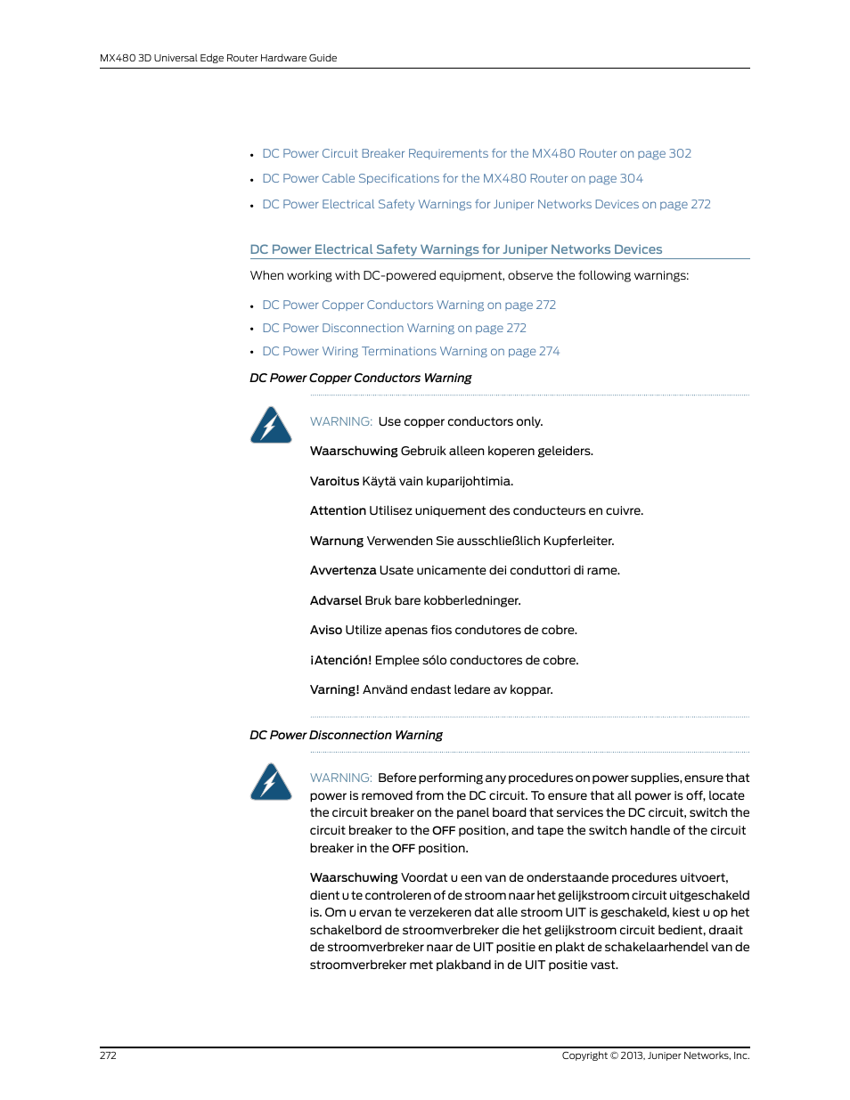 Dc power copper conductors warning, Dc power disconnection warning | Juniper Networks MX480 User Manual | Page 296 / 366