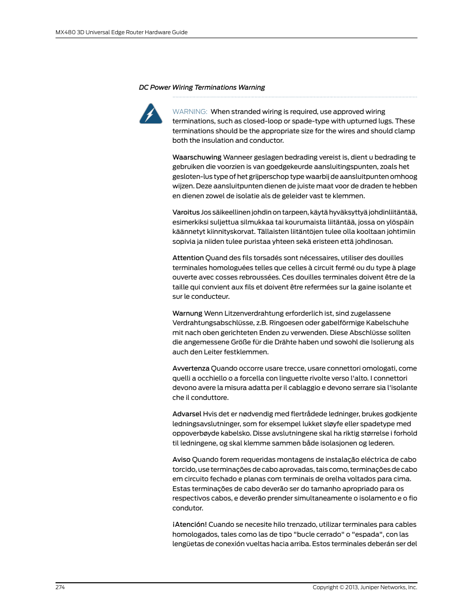 Dc power wiring terminations warning | Juniper Networks MX480 User Manual | Page 298 / 366