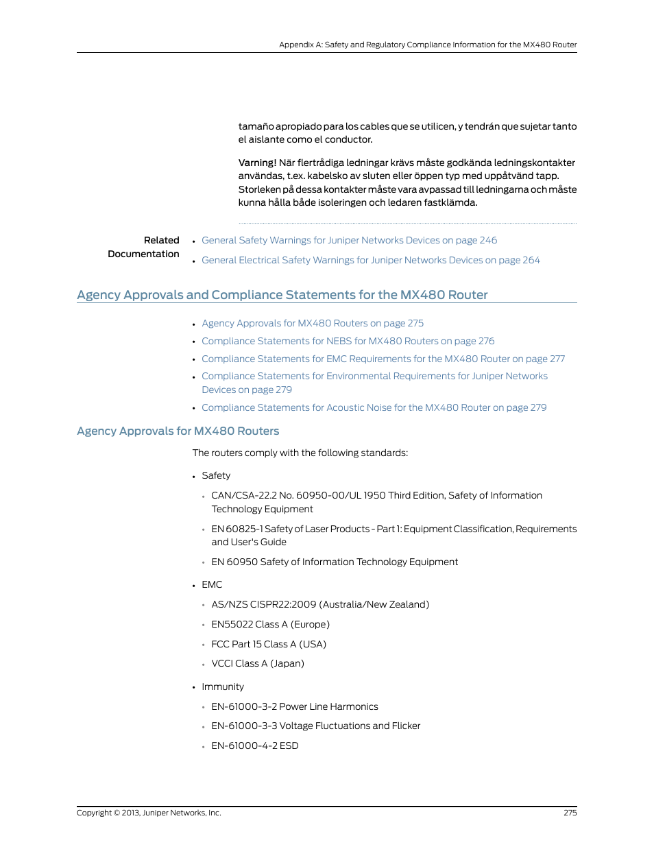 Agency approvals for mx480 routers | Juniper Networks MX480 User Manual | Page 299 / 366