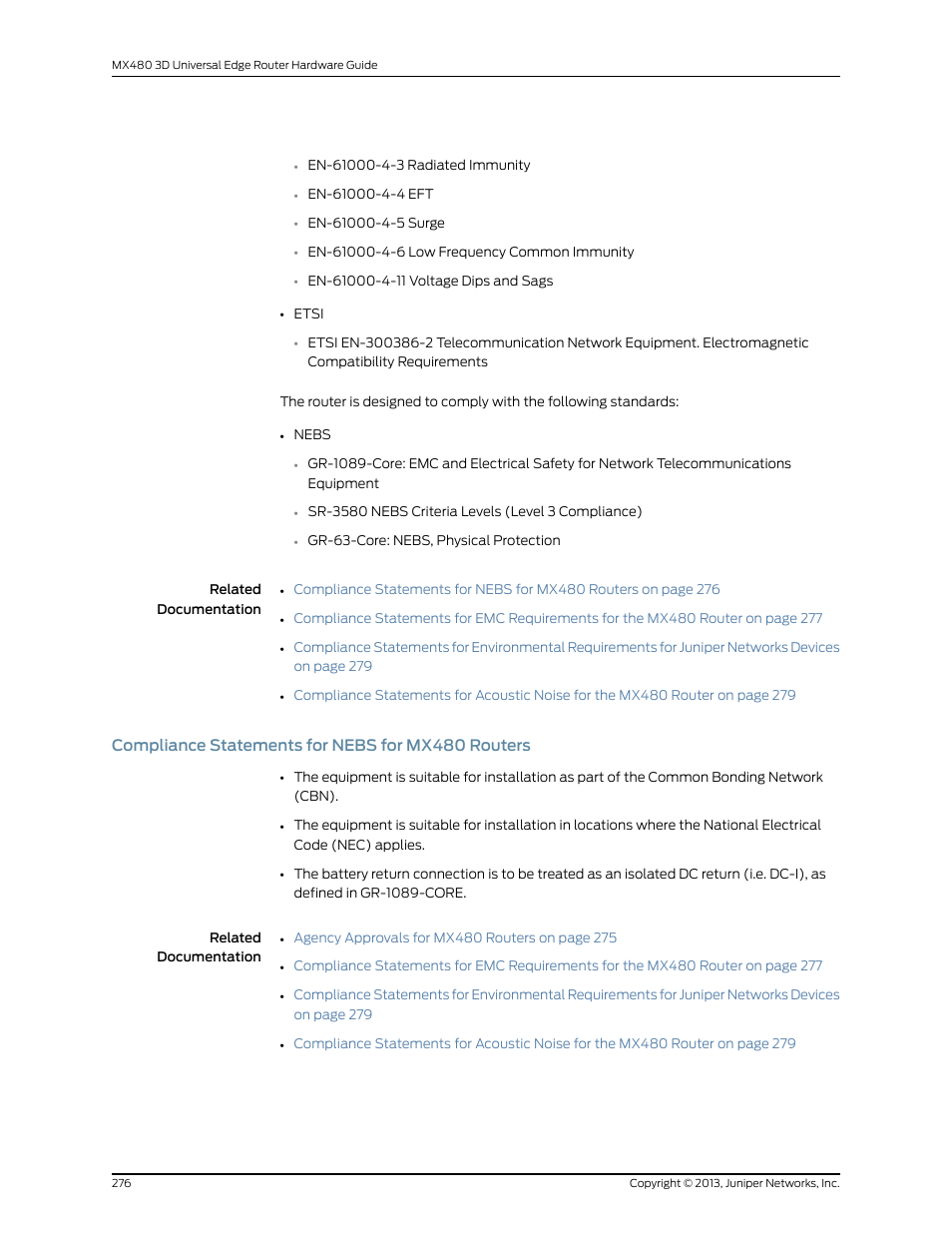 Compliance statements for nebs for mx480 routers | Juniper Networks MX480 User Manual | Page 300 / 366