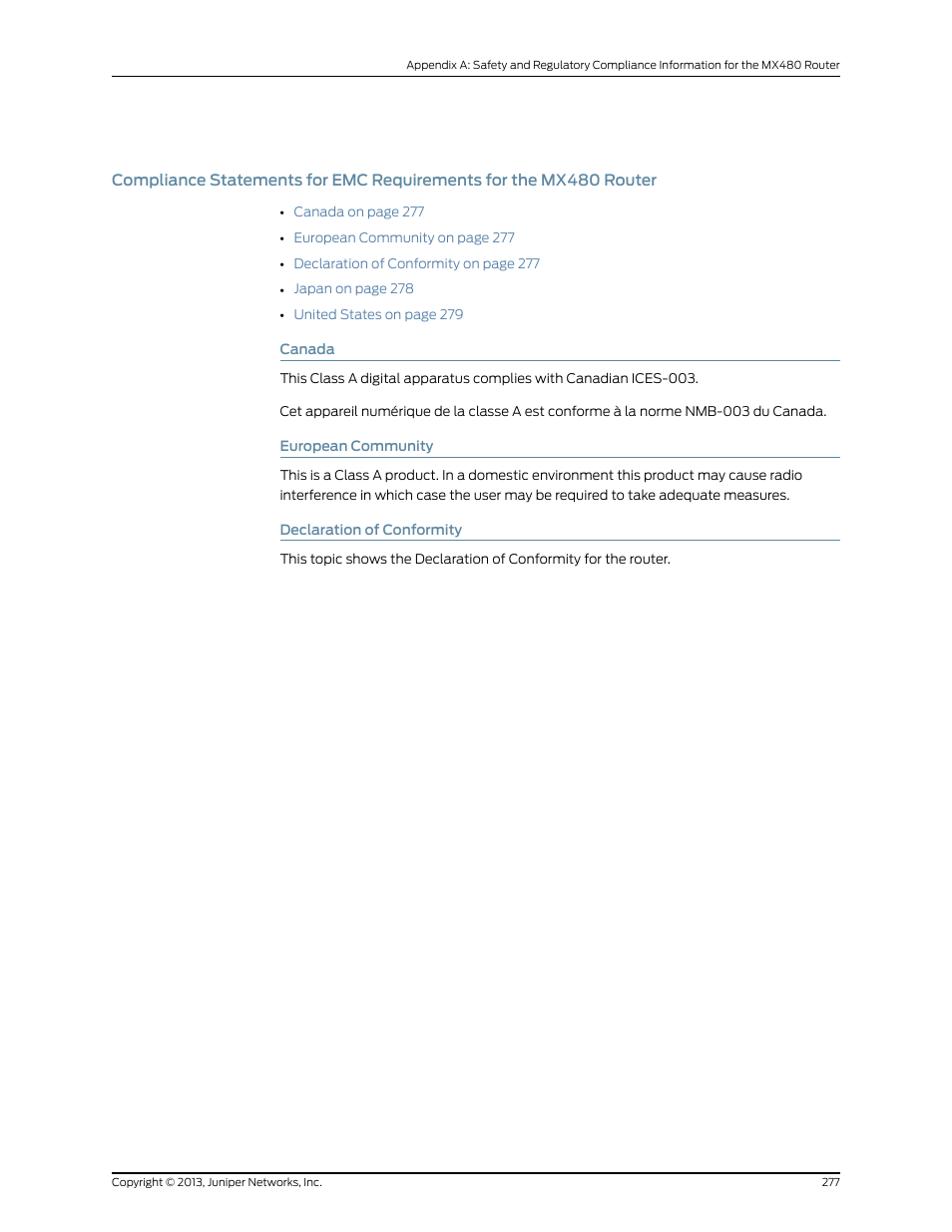 Canada, European community, Declaration of conformity | 277 european community, 277 declaration of conformity | Juniper Networks MX480 User Manual | Page 301 / 366