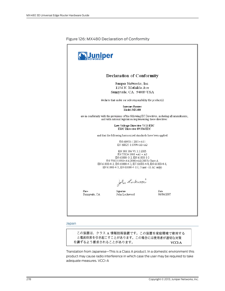 Japan, Figure 126: mx480 declaration of conformity | Juniper Networks MX480 User Manual | Page 302 / 366